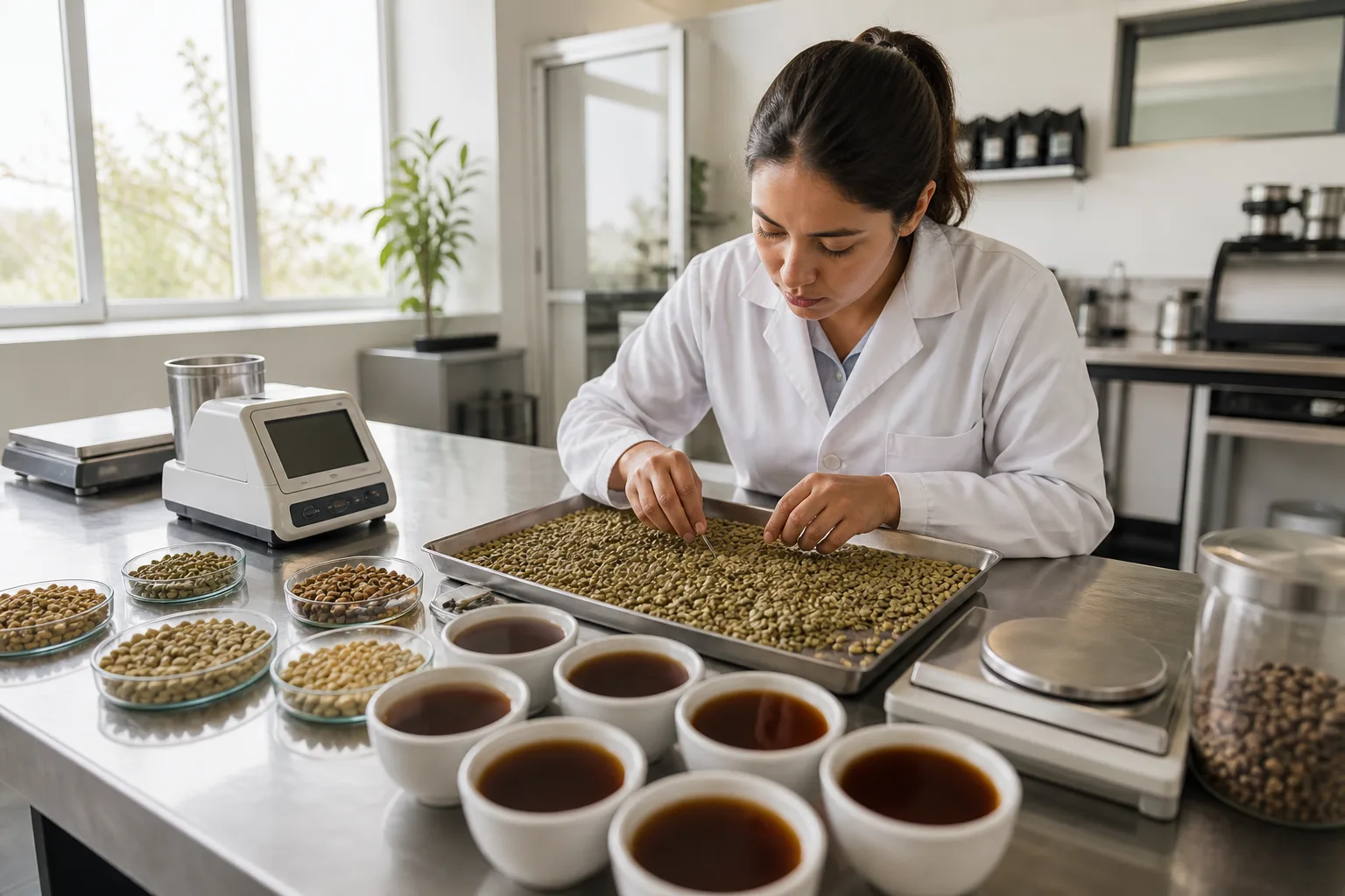 Coffee quality control laboratory inspecting green beans and cupping samples